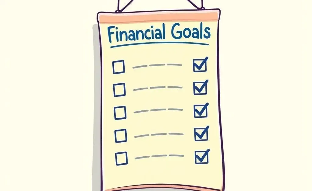 Cartoon-style image of a checklist titled 'Financial Goals' with boxes checked off.