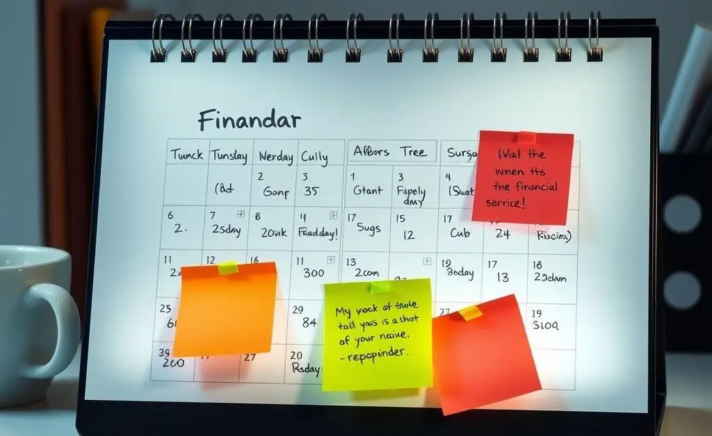 A calendar marked with financial goals and sticky notes