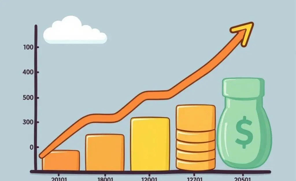 A cartoon-style progress chart showing increasing financial savings over time towards achieving a goal.