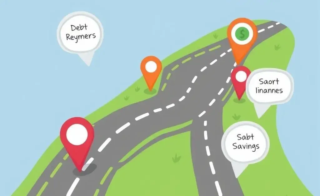A cartoon-style road map with markers for financial goals such as debt repayment and savings.
