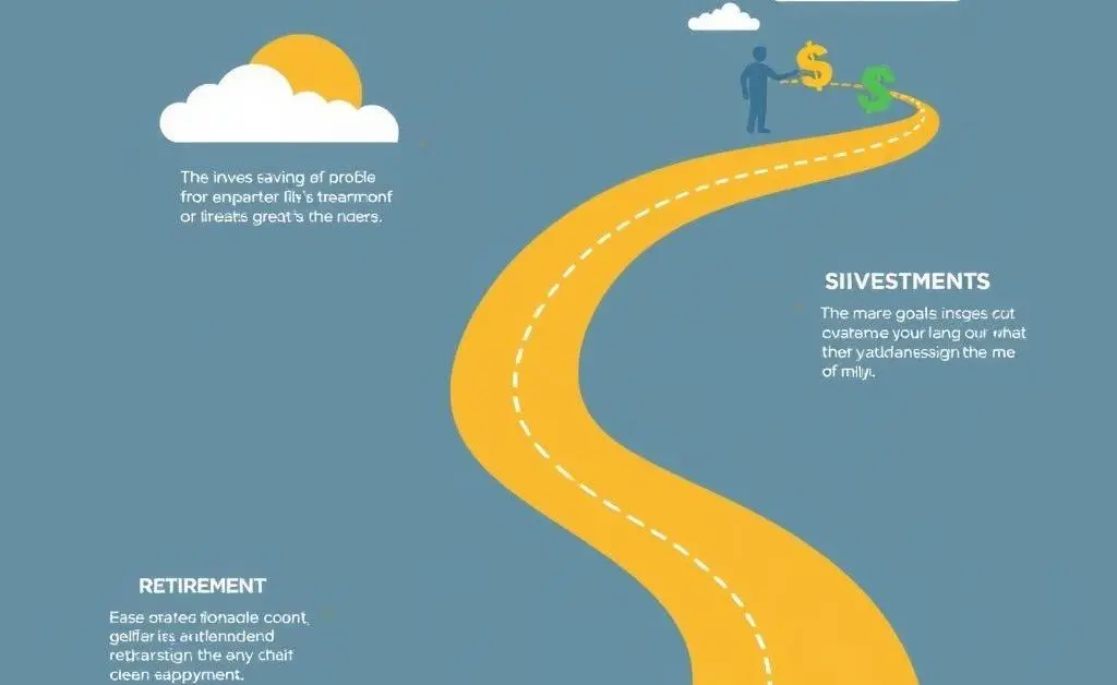 A roadmap illustration with milestones for financial goals like savings, investments, and retirement.