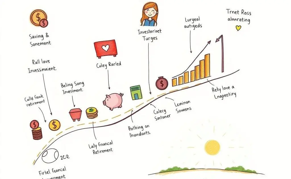A hand-drawn roadmap illustrating financial goals with milestones leading to retirement