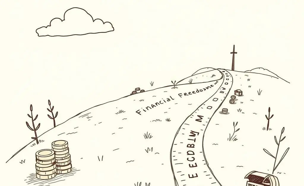Hand-drawn aesthetic of a roadmap with milestones like 'Retirement' and 'Financial Freedom,' along with stacks of coins.