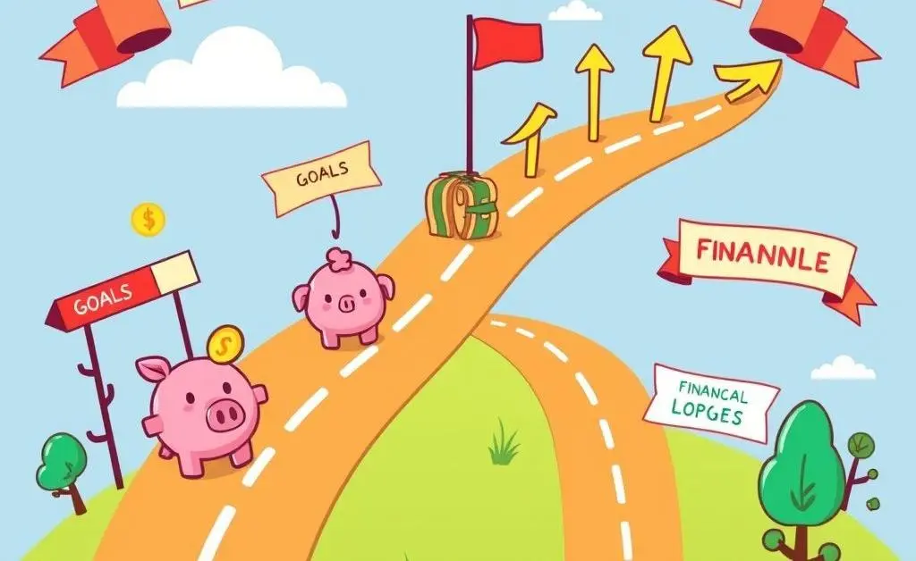 Cartoon roadmap illustrating various financial goals and milestones
