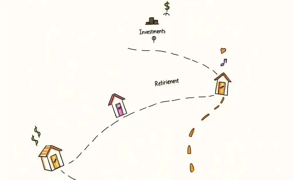 A hand-drawn roadmap with financial goals as pit stops