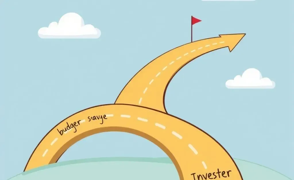 A cartoon-style roadmap with milestones labeled like budgeting, saving, and investing, indicating a student's financial goals.