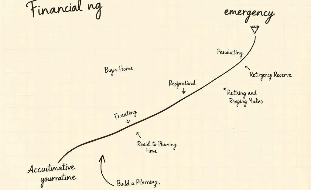 Hand-drawn roadmap with various financial goals labeled, like 'buy a house' and 'retirement savings'