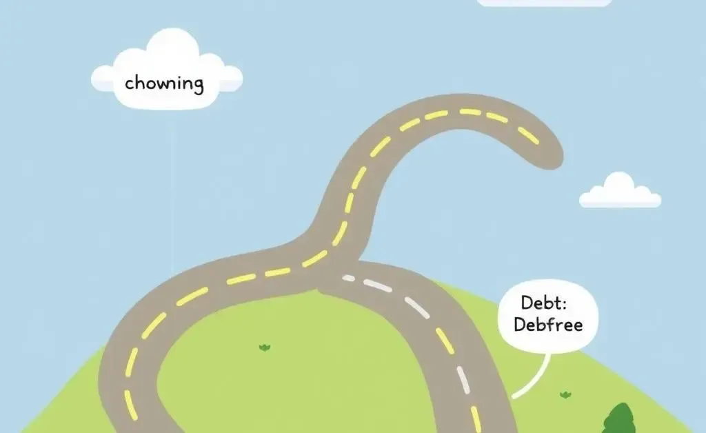 Cartoon road map with financial goals such as 'home ownership', 'mortgage payoff', and 'debt-free'.