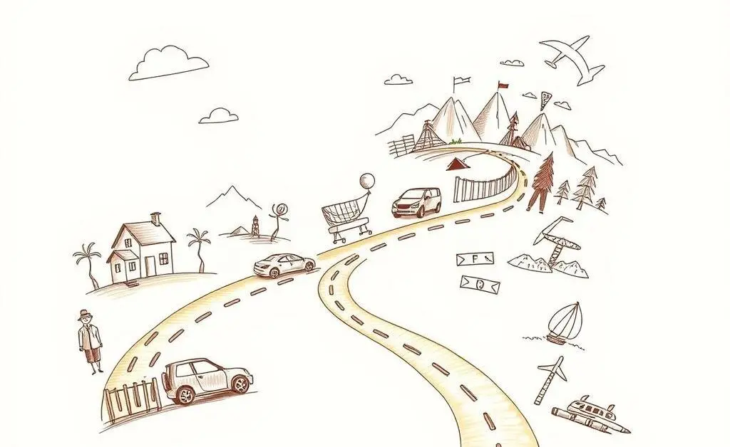 Hand-drawn roadmap leading to diverse financial goals like a house, car, and travel destinations.