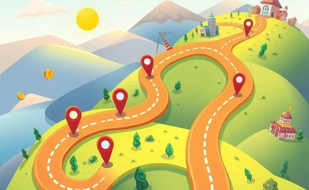 A cartoon-style road map chart with goals and financial checkpoints, illustrating a person's investment journey.