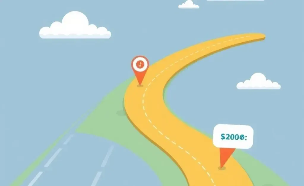 A roadmap with financial goals marked along the path