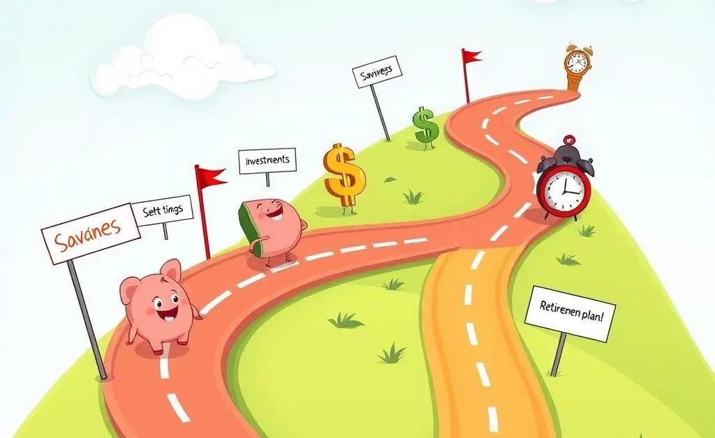 Cartoon-style roadmap with different financial goals marked along a path.