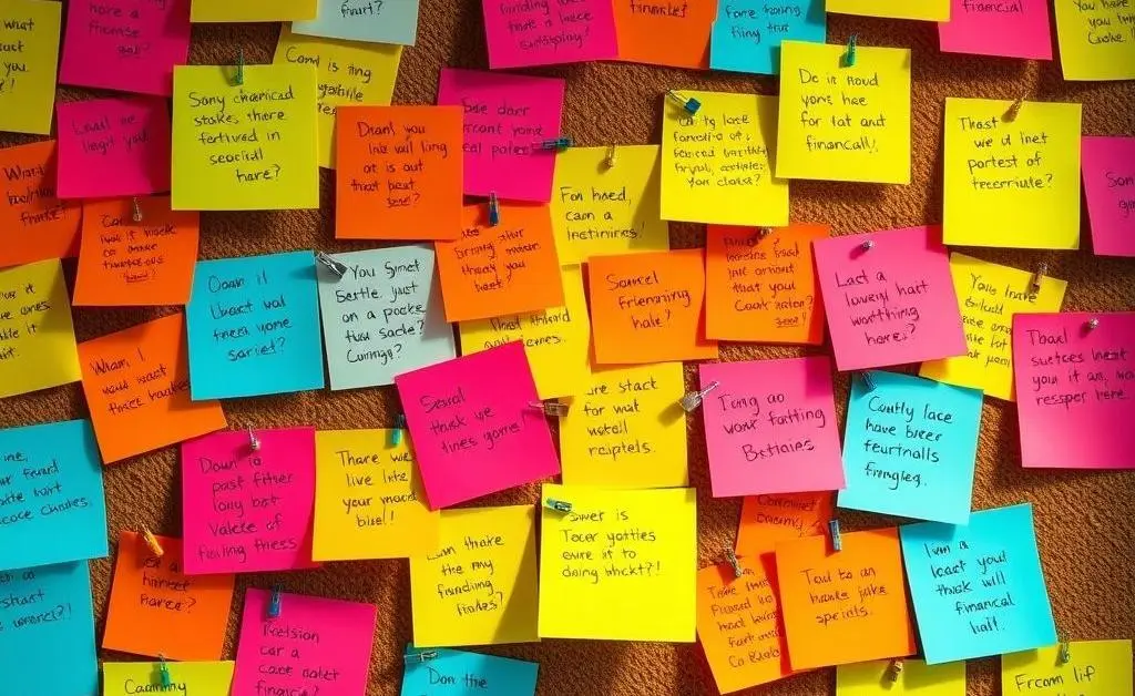 A bulletin board with colorful post-its outlining financial goals and dreams.