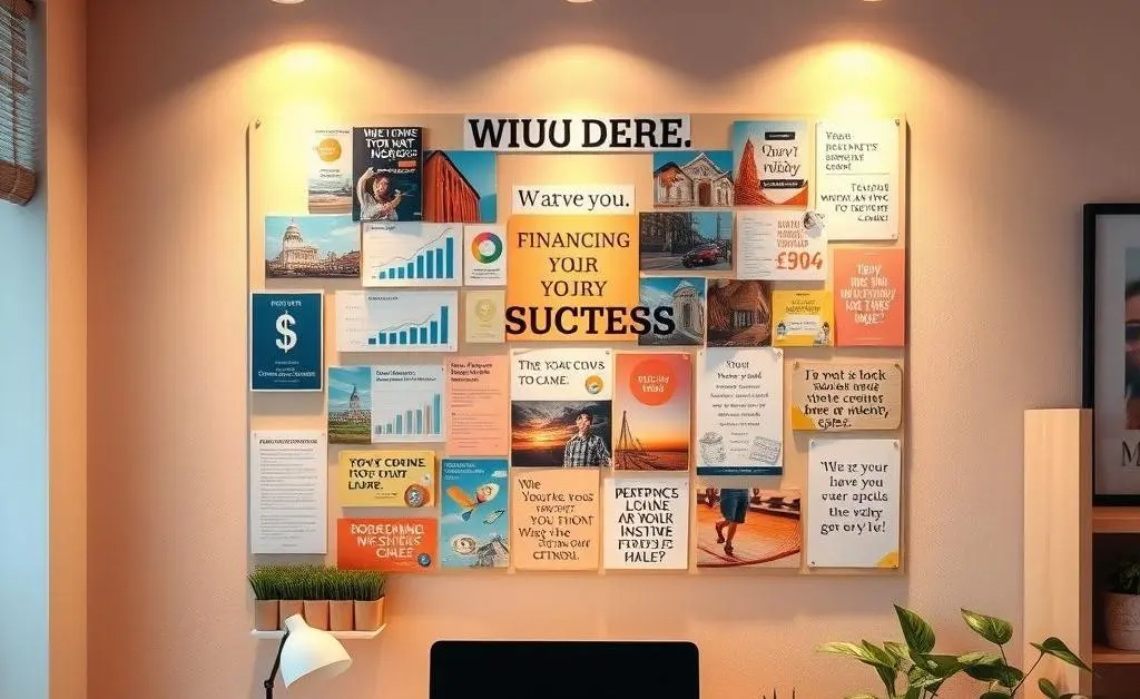 A cozy home office wall with a vision board containing financial goals and motivation quotes