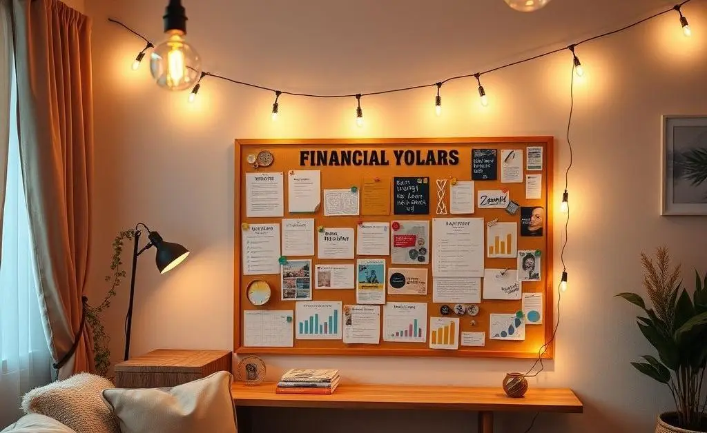 A vision board with financial goals pinned under string lights in a cozy room.