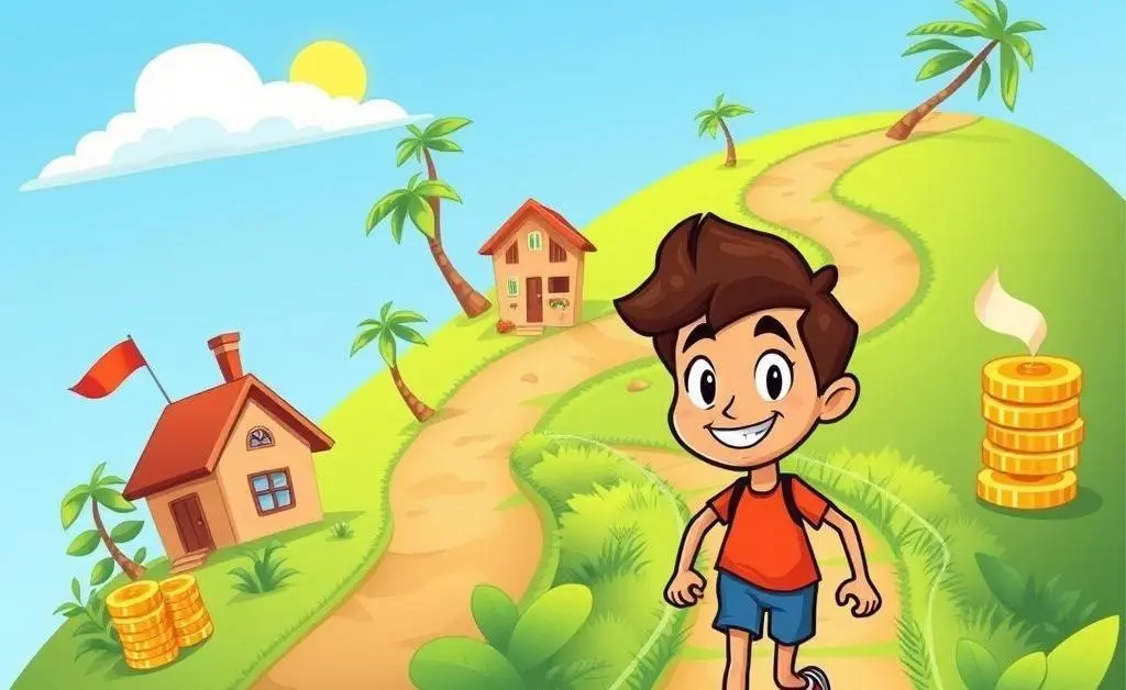 Cartoon character on a path towards financial goals like house and holiday.