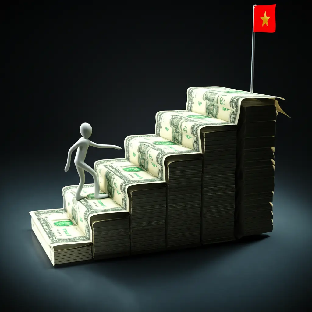 A person climbing a staircase made of dollar bills