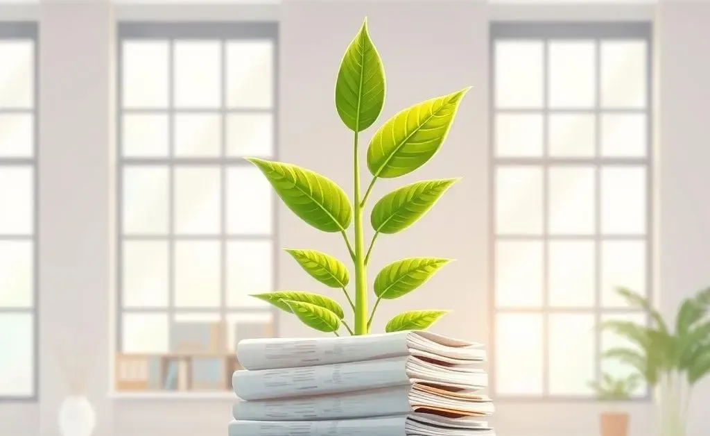 An illustration of a plant growing from a stack of credit reports, symbolizing financial growth