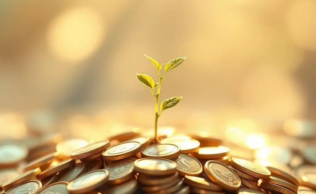 A young plant growing out of a pile of coins, symbolizing financial growth