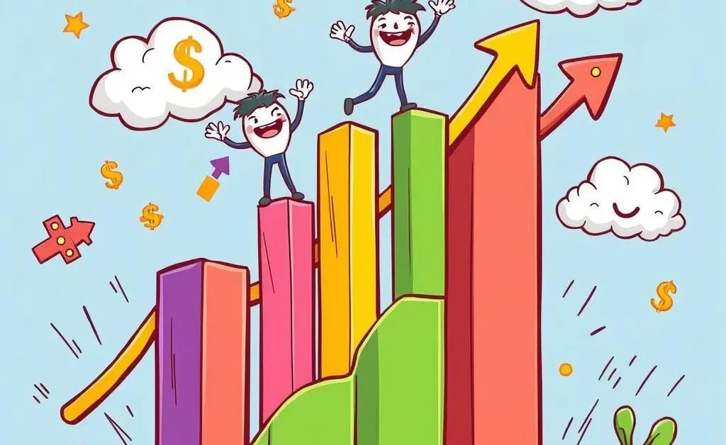 A cartoon-style depiction of a financial growth chart showing upward trends