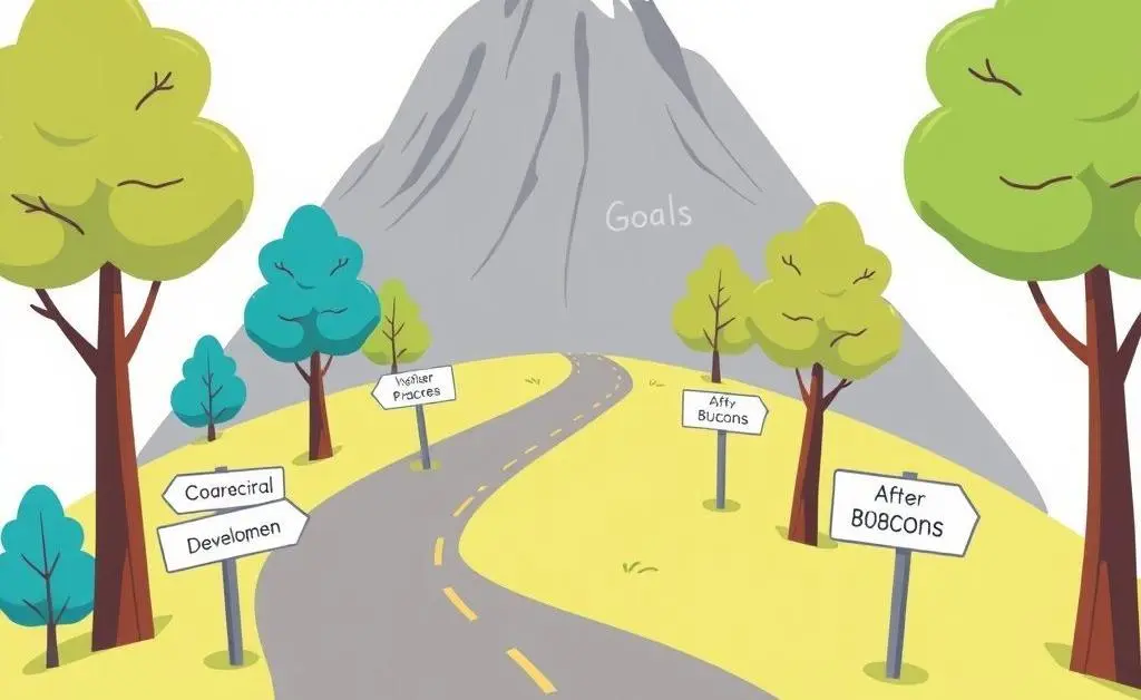 Cartoon of a road depicting financial growth stages