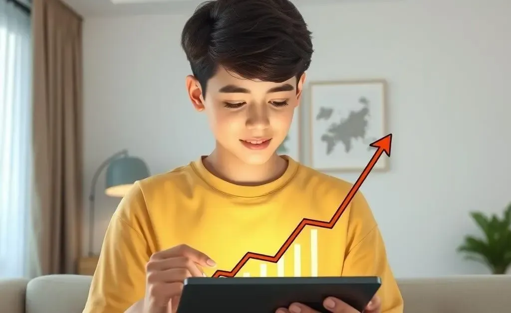 A young person looking at an upward trending graph on a tablet, depicting financial growth.
