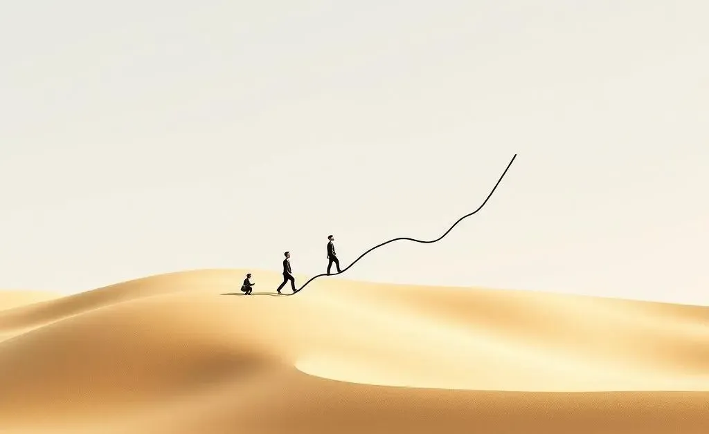 A growing line chart and people climbing it.