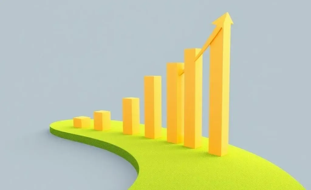 A gentle path dotted with increasing bar graphs symbolizing financial growth