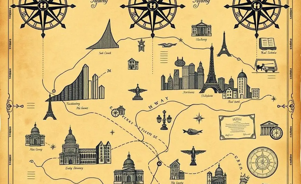 A hand-drawn map leading to financial growth, illustrating various investment options like stocks, real estate, and bonds.