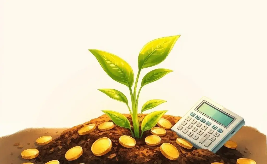 Illustration of a plant growing with coins and a calculator beside it