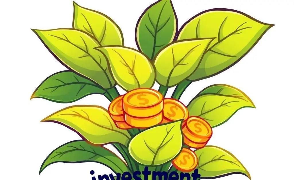 A cartoon plant labeled 'investments' growing with coins as leaves.