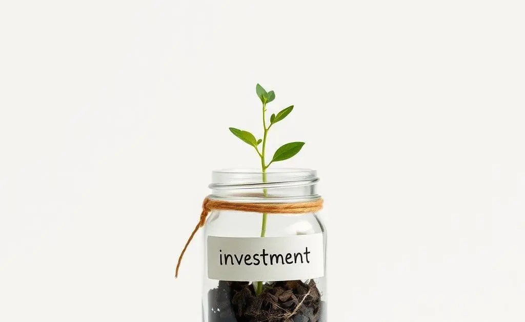 Small plant inside a jar tagged 'investments', symbolizing growth