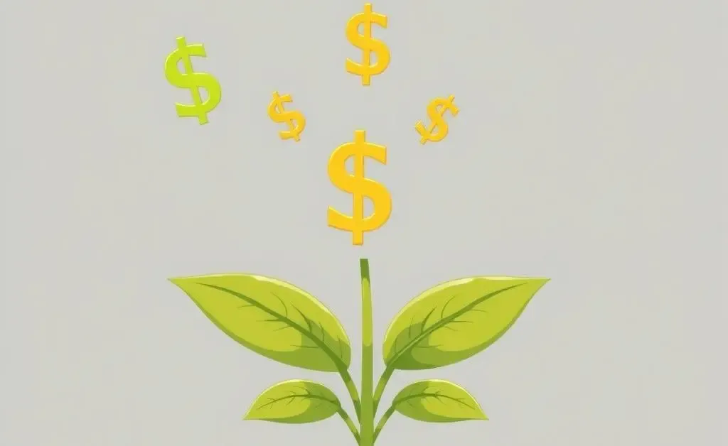 A small plant with financial symbols sprouting from its leaves.