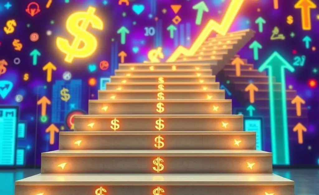 A series of steps leading upward with dollar signs and symbols representing growth