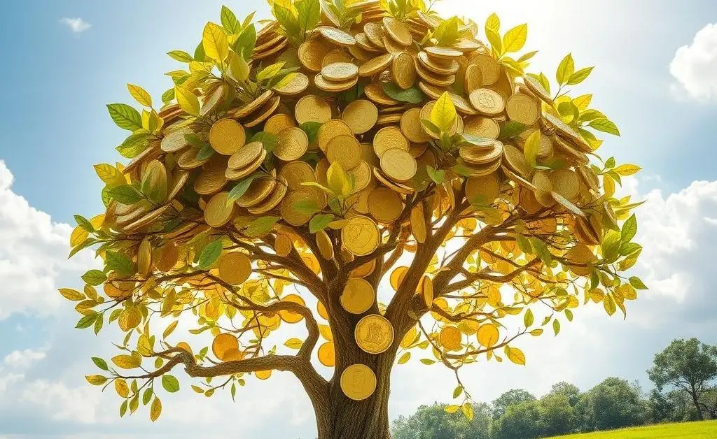A tree formed by coins illustrating financial growth.