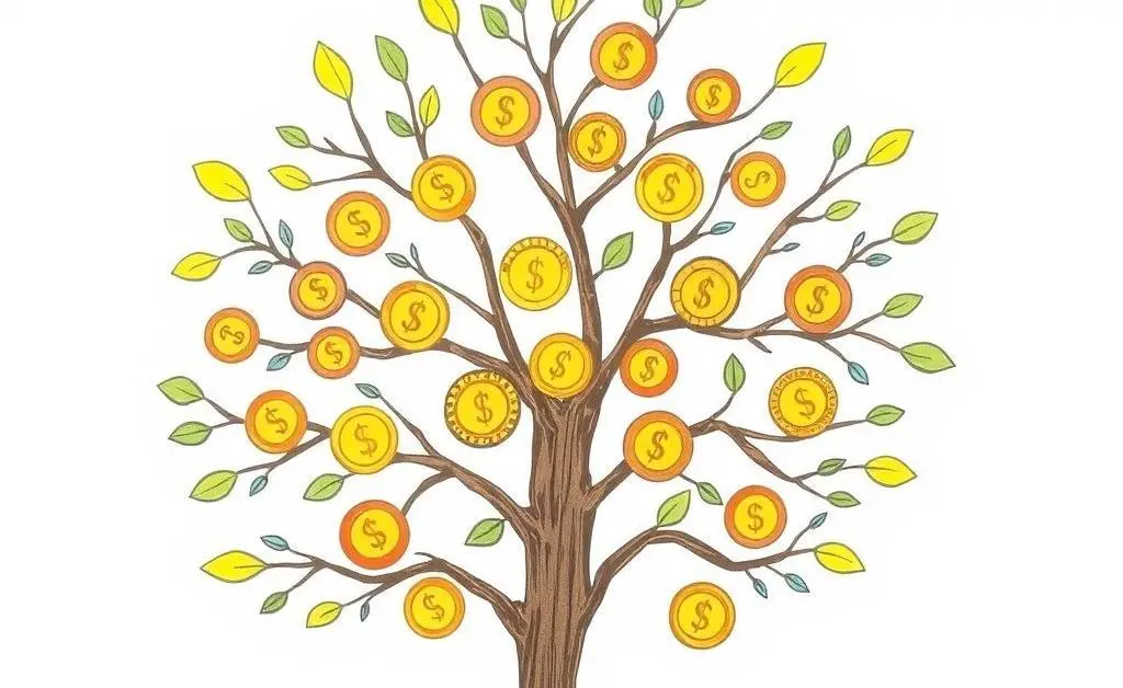 A whimsical tree with coins as leaves representing financial growth.