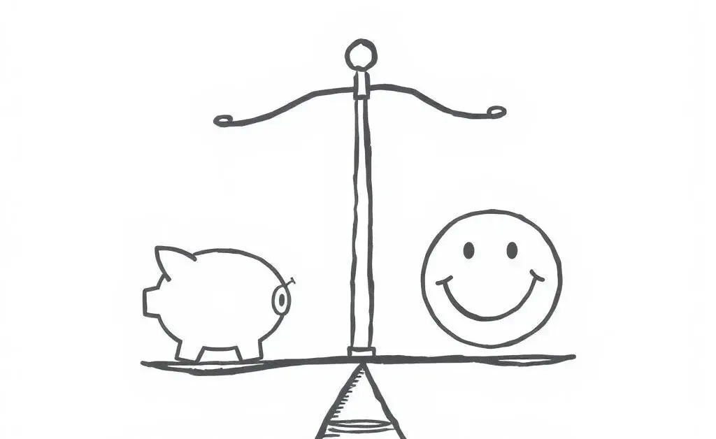 A hand-drawn scale balancing a piggy bank and a smiley face, representing harmony in financial life