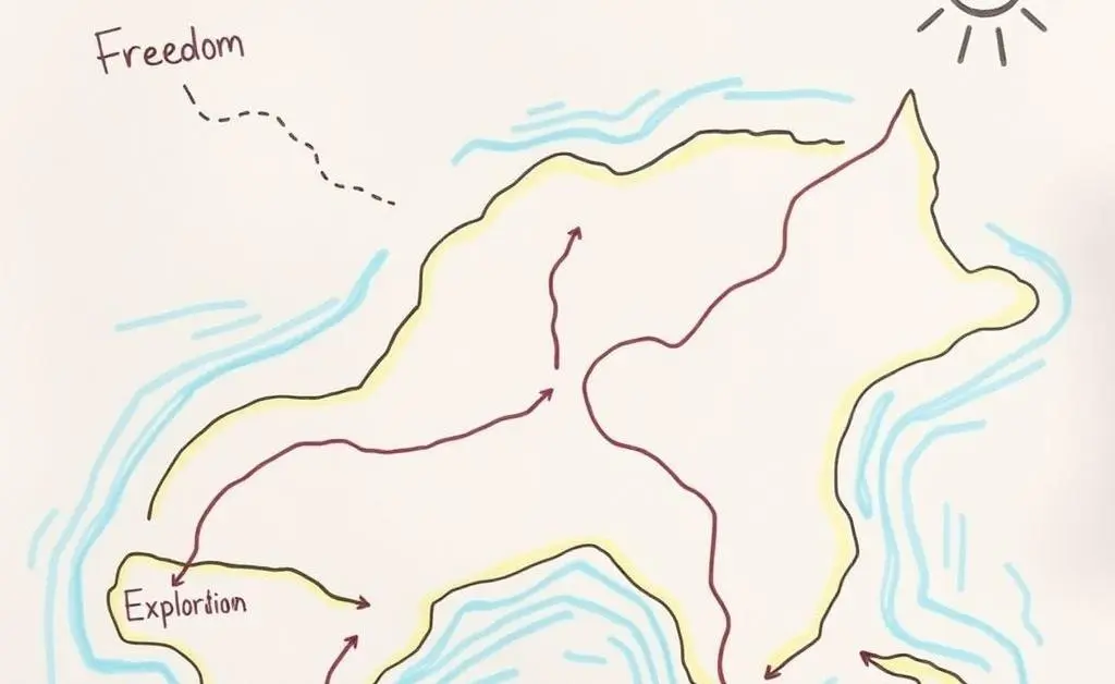 A hand-drawn map of paths leading to different life choices like freedom, exploration, and happiness.