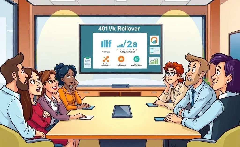 Office meeting with puzzled employees looking at a presentation.