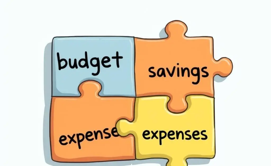 A jigsaw puzzle featuring pieces labeled 'budget,' 'savings,' 'expenses,' fitting together.
