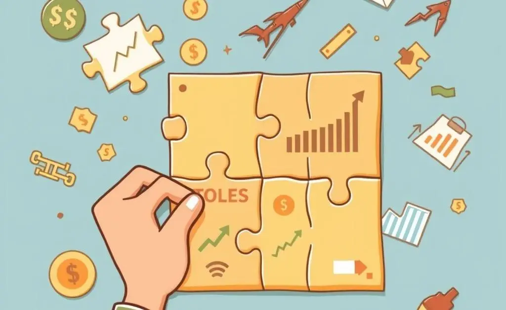 A person assembling a jigsaw puzzle made of financial symbols