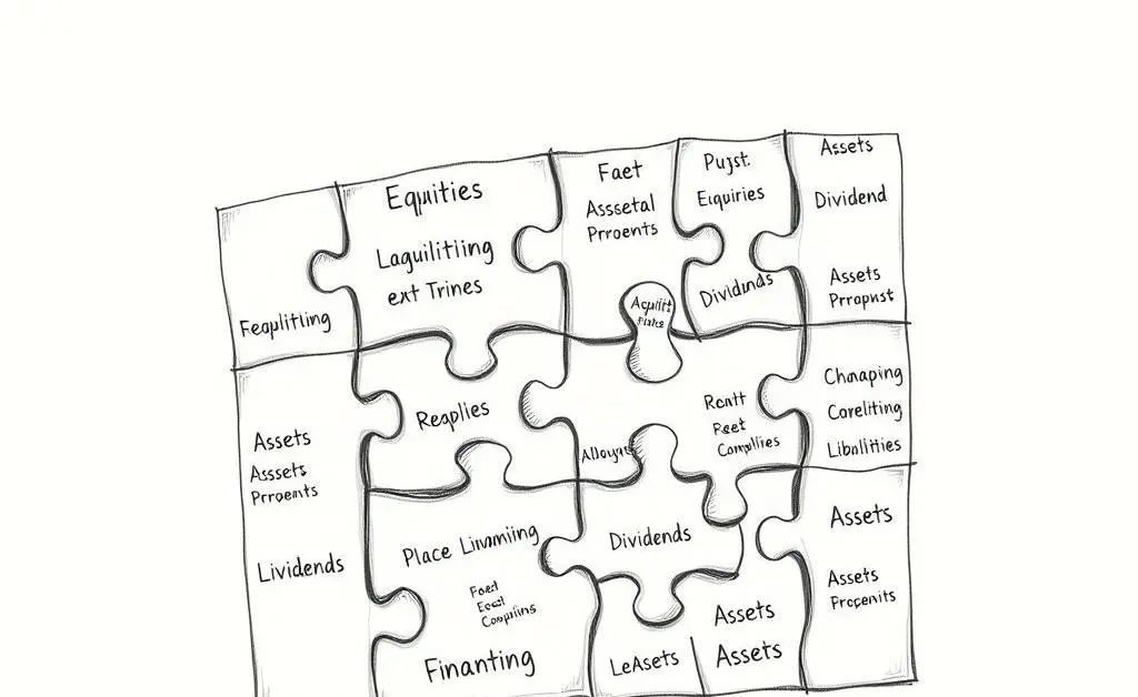 A hand-drawn jigsaw puzzle with pieces labeled with financial terms