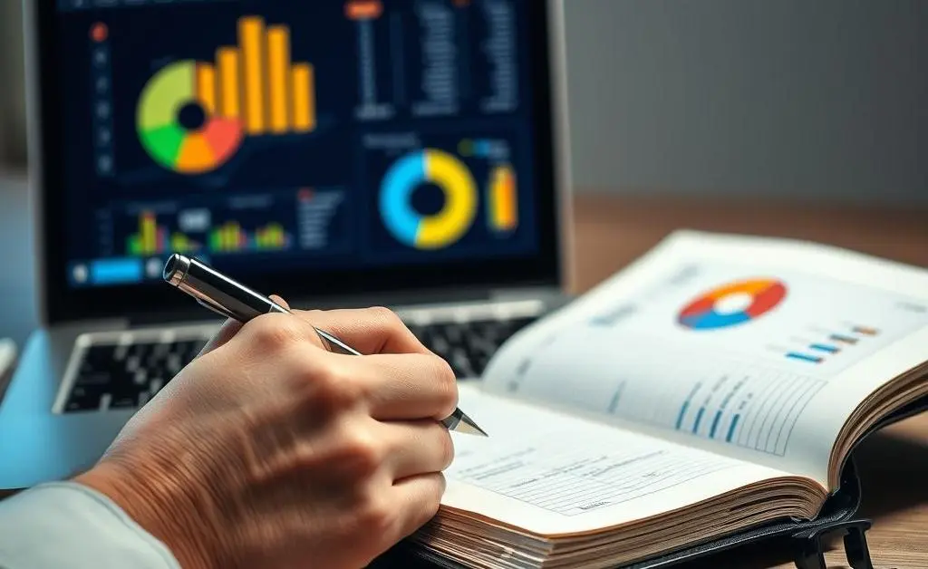 A hand writing in a financial journal beside a laptop displaying pie charts.