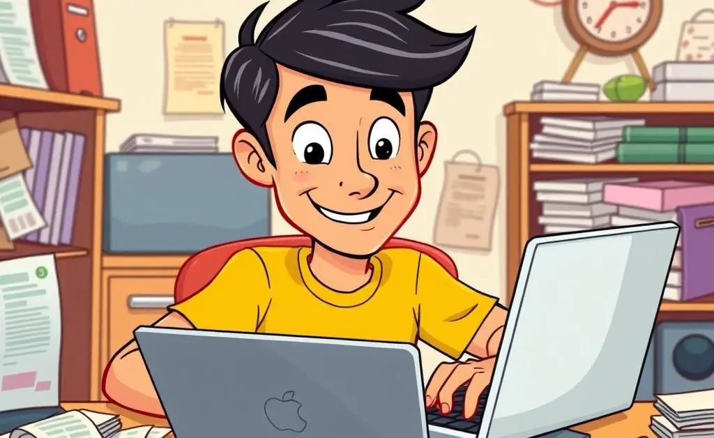 Cartoon of a person budgeting at a desk with a laptop
