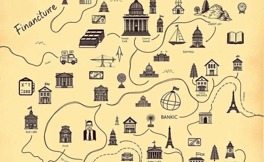 A hand-drawn map illustrating a financial journey with icons for credit cards, banks, and savings