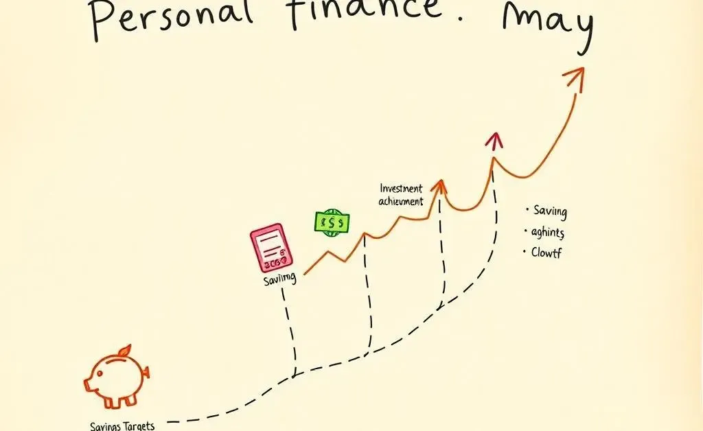 A hand-drawn aesthetic showing a journey map with milestones for personal financial goals.