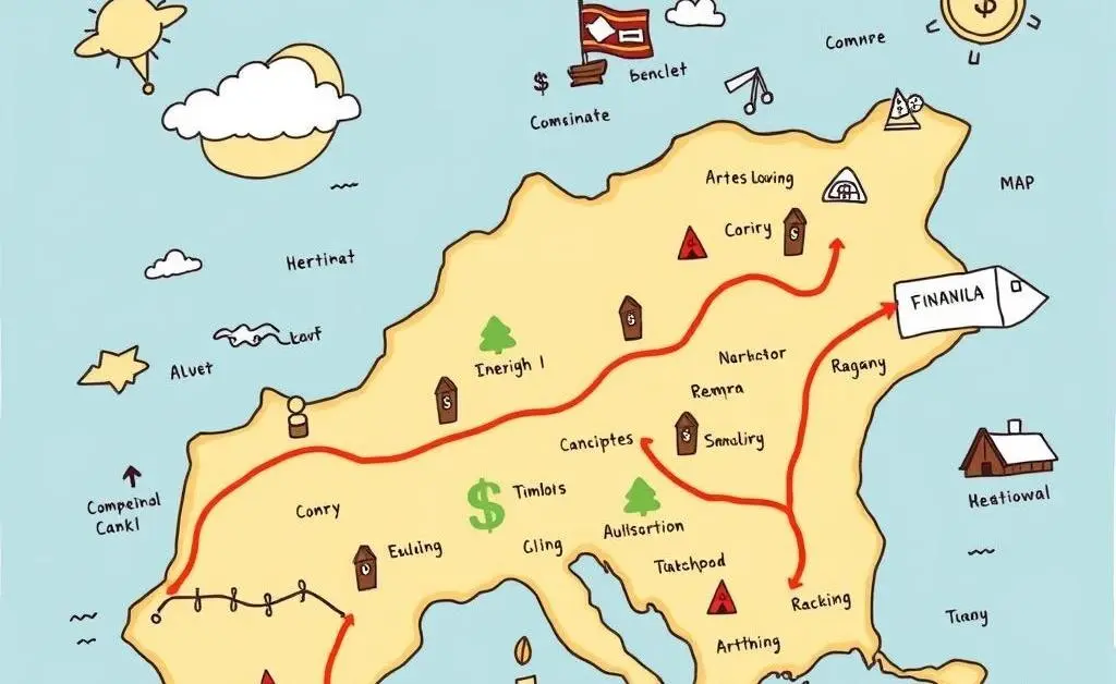 A cartoon map depicting a financial journey with milestones and pitfalls.