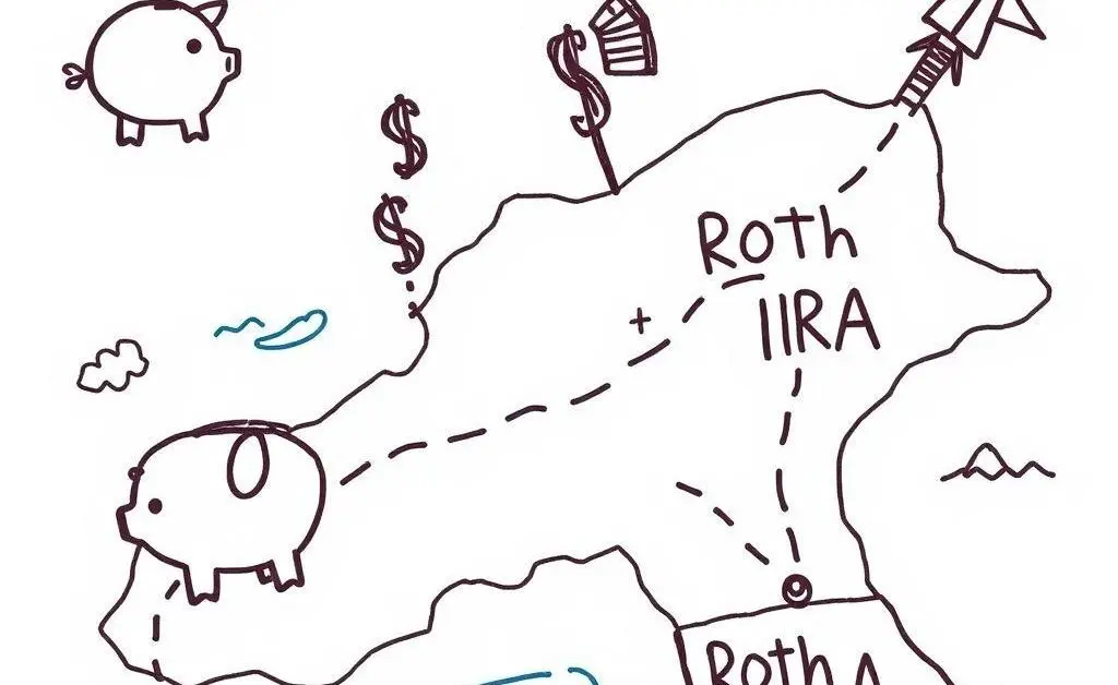 A hand-drawn map showing a journey with a piggy bank, dollar signs, and a Roth IRA at the destination.