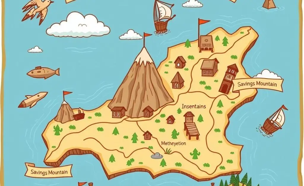 A cartoon-style treasure map illustrating a financial journey with landmarks like 'Savings Mountain' and 'Investment Island'.