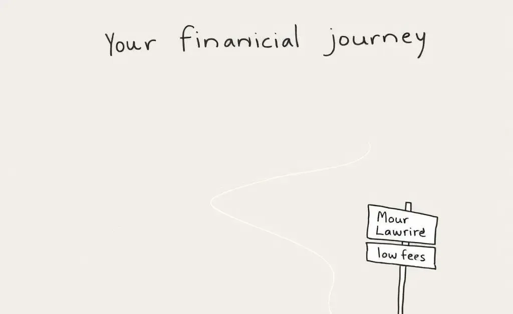 A drawing of a winding path labeled 'Your Financial Journey' dotted with signposts like 'Vanguard', 'Low Fees', and 'Long-term Growth'.